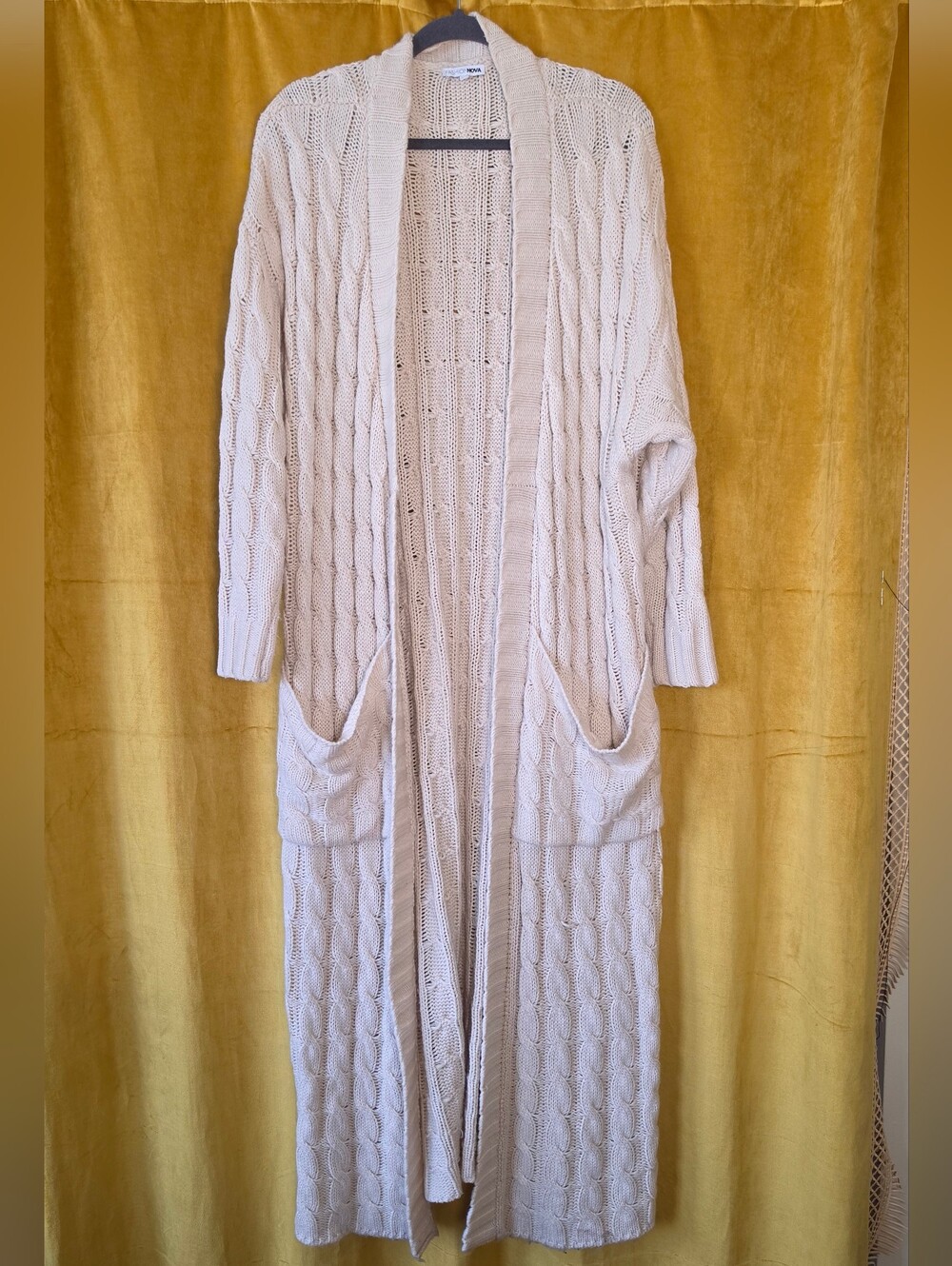 Fashion Nova Long Cable Knit Open-Front Cardigan in Cream